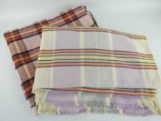 TWO TRADITIONAL BLANKETS including one pink, orange and blue plaid with blanket stitched edge, and