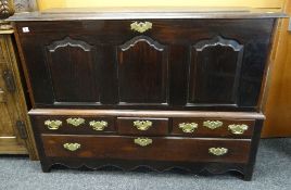 GOOD GEORGE III OAK MULE CHEST, panel top with moulded edge, triple pointed arched paneled front
