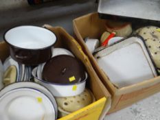 TWO BOXES OF VINTAGE KITCHEN ENAMEL WARE