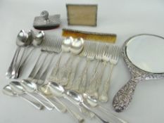 VICTORIAN SILVER EMBOSSED BACK HAND MIRROR together with silver mounted comb, blotter, and a
