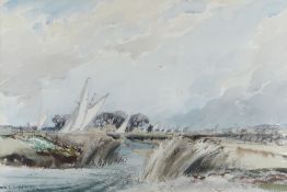 LESLIE MOORE watercolour - waterways scene with sailing boats, title faded verso on Royal