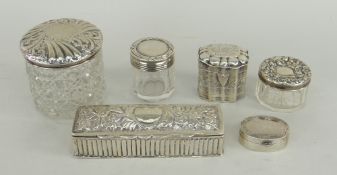 ASSORTED SILVER & SILVER TOPPED GLASS JARS, embossed decoration to most, weighable silver overall