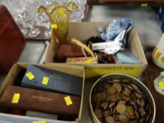 ASSORTED COLLECTABLES including tin of pennies, costume jewellery ETC