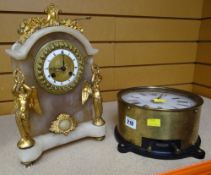 MARINE TYPE DRUM CLOCK and a fancy Rococo type alabaster mantel clock