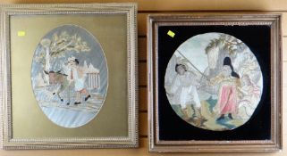 TWO SIMILAR WOOL-WORK PANELS depicting figures in landscape, one of more naive construction (2)