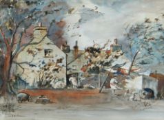 BRENDA BRUCE watercolour - farmyards with figures in the wind, signed, 28 x 37cms