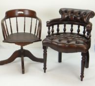 TWO OCCASIONAL CHAIRS comprising a button upholstered and turned-wood smoking chair, and an oak