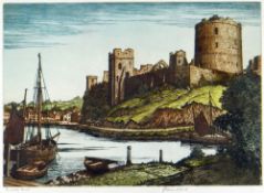 J LEWIS STANT coloured etching of Pembroke Castle, 24.5 x 35cms, framed and glazed
