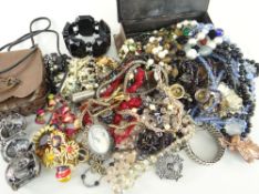 ASSORTED COSTUME JEWELLERY, copper box, two leather pouches