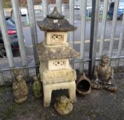 STONE GARDEN SECTIONAL PAGODA, VARIOUS GARDEN ORNAMENTS (6)