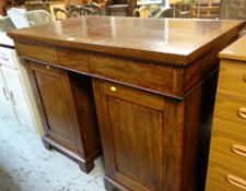 ANTIQUE INLAID MAHOGANY & CROSS-BANDED CLERKING DESK with flanking enclosed drawers and shelves,