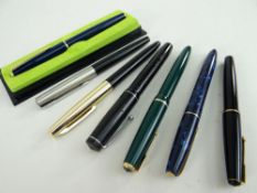 SEVEN FOUNTAIN PENS including Green Parker Junior and blue marbled Blackbird