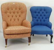 TWO BUTTON UPHOLSTERED OCCASIONAL CHAIRS including an armchair with turned legs and brass casters,