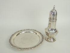 EDWARD VII SILVER PYRIFORM SUGAR CASTER, 16cms high, and a modern silver circular dish with sea