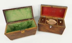 TWO REGENCY MAHOGANY & BOXWOOD STRONG TEA CADDIES OF SARCOPHAGUS FORM, both on gilt brass ball feet,