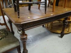 UNUSUAL CARVED OAK VINTAGE DINING TABLE having carved lion head corners with brass rings