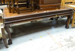 GOOD REPRODUCTION MAHOGANY LONG-JOHN COFFEE TABLE on cabriole, ball and claw, corner supports,