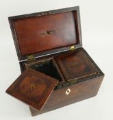 GEORGE III WALNUT PARQUETRY TEA CADDY OF RECTANGULAR FORM compartmentalised and the sides inlaid