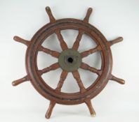 WOODEN SHIPS WHEEL, central iron boss inscribed 'Tine Metal Company Limited Hexham-on-Tyne Type