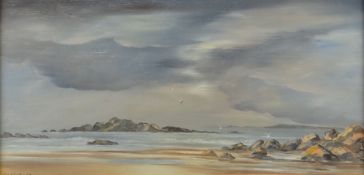 JILL MICKLE oil on board - North Wales beach scape, signed and dated '82, 22 x 44cms