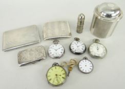 EDWARDIAN SILVER CIRCULAR CIGARETTE DISPENSER, three cigarette cases, four silver case pocket