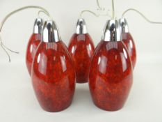SET OF FIVE VINTAGE MOTTLED RED GLASS CEILING LIGHTS, the ovoid shades with chrome caps, 27cms