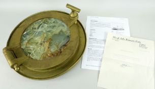 HEAVY BRASS PORT HOLE with glass centre (damage), purportedly raised from the wreck S.S Schiller,
