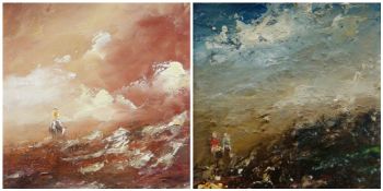 JOHN W PICKUP oil on board, a pair - both landscape with figures, signed with titles verso, 14 x