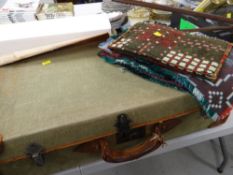 VINTAGE CANVAS SUITCASE and sundry woollen Welsh blanket type place-mats