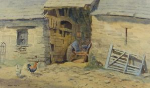 ARTHUR MILES watercolour - farmyard with old barn with tractor and two cockerels outside, signed and