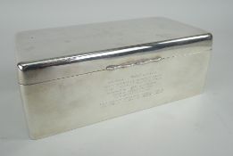 EDWARD VII SILVER RECTANGULAR CIGARETTE BOX having wooden two section interior, engraved initials to