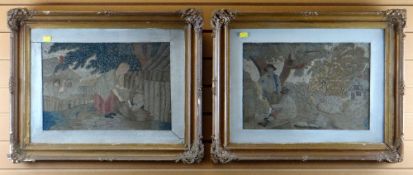 PAIR OF FRAMED & GLAZED WOOL-WORK PANELS depicting figures in woodland landscape with cottage,