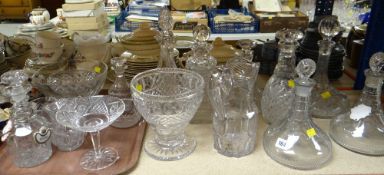 ASSORTED GLASSWARE including heavy cut glass pedestal fruit bow, jug and decanters