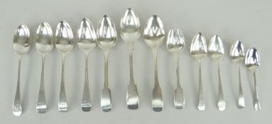 FOUR GEORGE III OLD ENGLISH PATTERN SILVER DESSERT SPOONS, LONDON 1762, together with a small