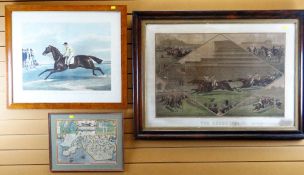 TWO ANTIQUE FRAMED EQUESTRIAN PRINTS including 'The Derby 1884', together with a John Speed coloured