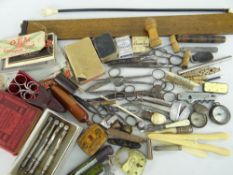 ASSORTED COLLECTABLES including sewing accessories, nut crackers, small tools, Loftus slide rule,