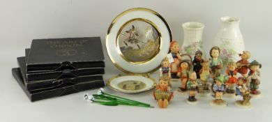 THIRTEEN HUMMEL FIGURINES, together with two Belleek porcelain flower vases, four glass flower stems