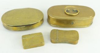 FOUR BRASS TOBACCO BOXES including a large oval Dutch box with engraved decoration and