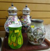 PAIR OF LIDDED LOSOL WARE POTTERY VASES, Poole vase, and another