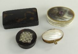 FOUR SMALL TRINKET BOXES comprising a Scottish horn box set with amethyst, Palais Royal type shell