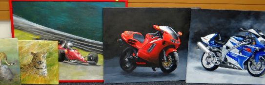 MICHAEL CARLSON acrylic on board - Formula 1 Ferrari, 82 x 110cms, two others of motorcycles, and