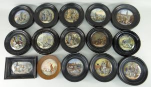 ASSORTED PRATTWARE POT LIDS IN EBONIZED FRAMES (some with damage) (15)