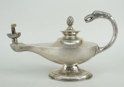 MAPPIN & WEBB SILVER GENIE LAMP BURNER having bird design handle raised on oval pedestal base