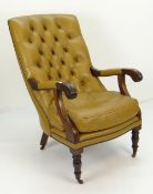 MUSTARD YELLOW LEATHER UPHOLSTERED MAHOGANY LIBRARY ARM CHAIR, button back and loose squab seat,