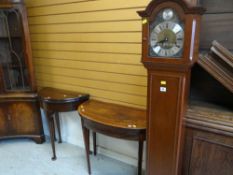 TWO ANTIQUE DEMI-LUNE TABLES & A REPRODUCTION GRANDMOTHER CLOCK