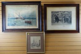 THREE PRINTS including an engraving after W Dendy Sadler - elderly couple on a bench, signed in