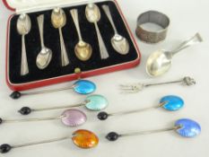 BOXED SET OF SIX MODERN SILVER TEA SPOONS, six enamelled coffee bean spoons, a napkin ring, a