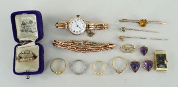 ASSORTED GOLD JEWELLERY & WATCHES including Art Deco 18ct gold watch head by Lip, a 9ct gold watch