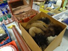 VINTAGE HAT BOX WITH LADIES FUR CLOTHING CONTENTS and a Samsonite vanity case