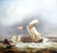 MODERN REPRODUCTION oil on canvas - sailing ship and smaller vessels in squally sea, 94 x 100cms